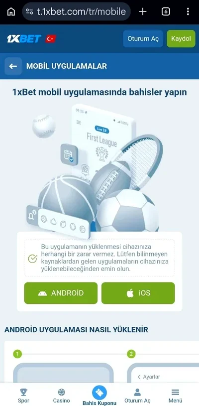 1xBet mobil uygulama indirme sayfası — Android ve iOS butonları